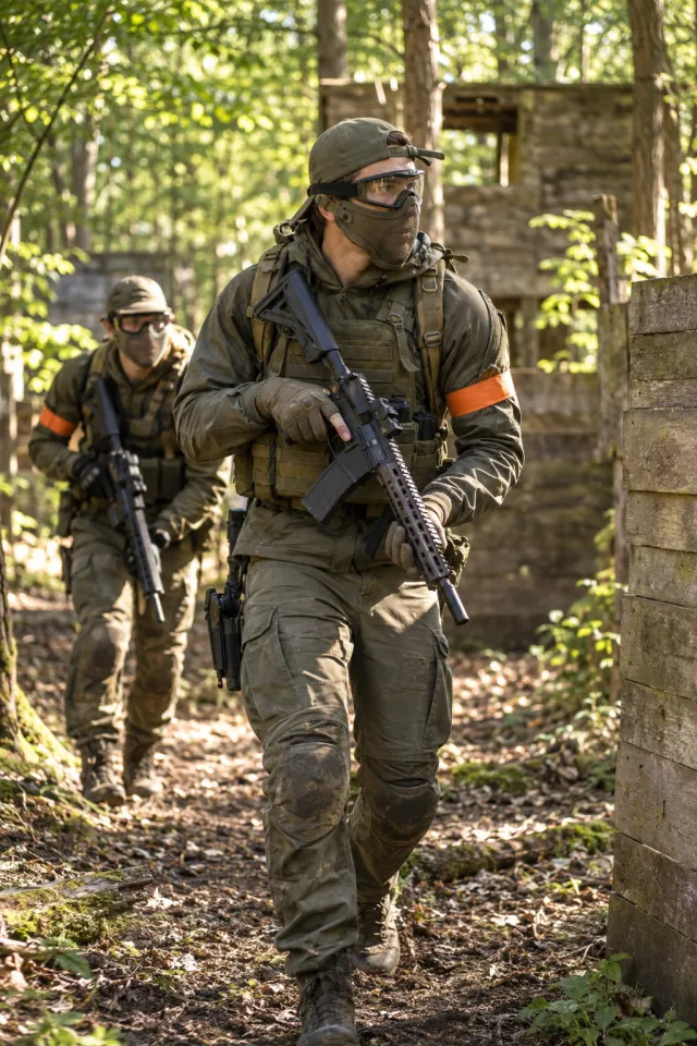 Airsoft-Spieler auf einem Spielfeld im Wald