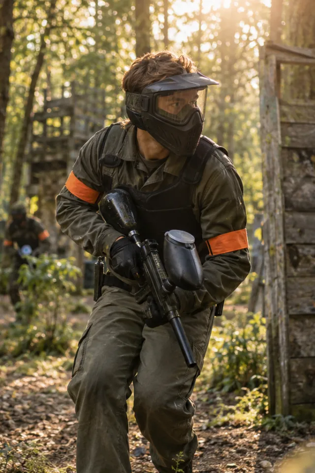 Ein Paintball-Spieler mit Schutzmaske auf einem Außenspielfeld