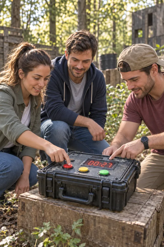 Ein Team entschärft gemeinsam eine Airsoft-Spielbombe beim Teambuilding im Wald